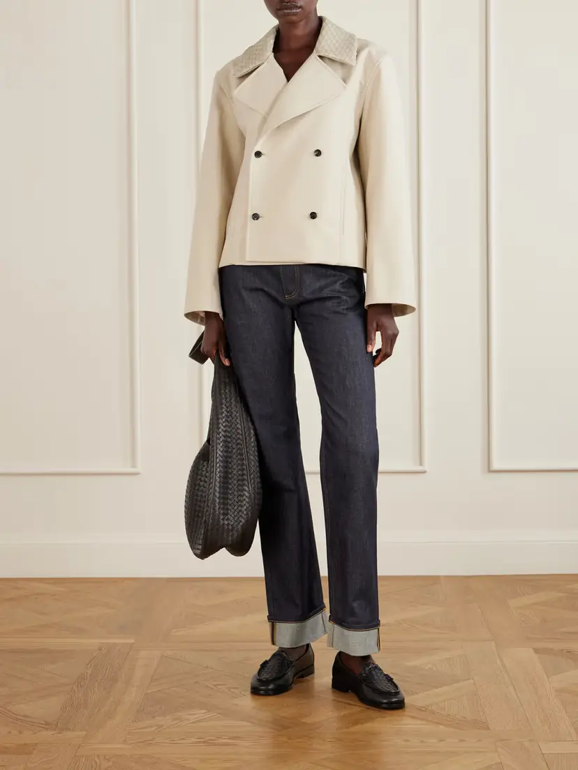 Bottega Veneta Double-breasted Intrecciato Leather-trimmed Striped Wool And Cotton-blend Jacket | Thumbnail 2 Bottega Veneta Double-breasted Intrecciato Leather-trimmed Striped Wool And Cotton-blend Jacket | Thumbnail 2