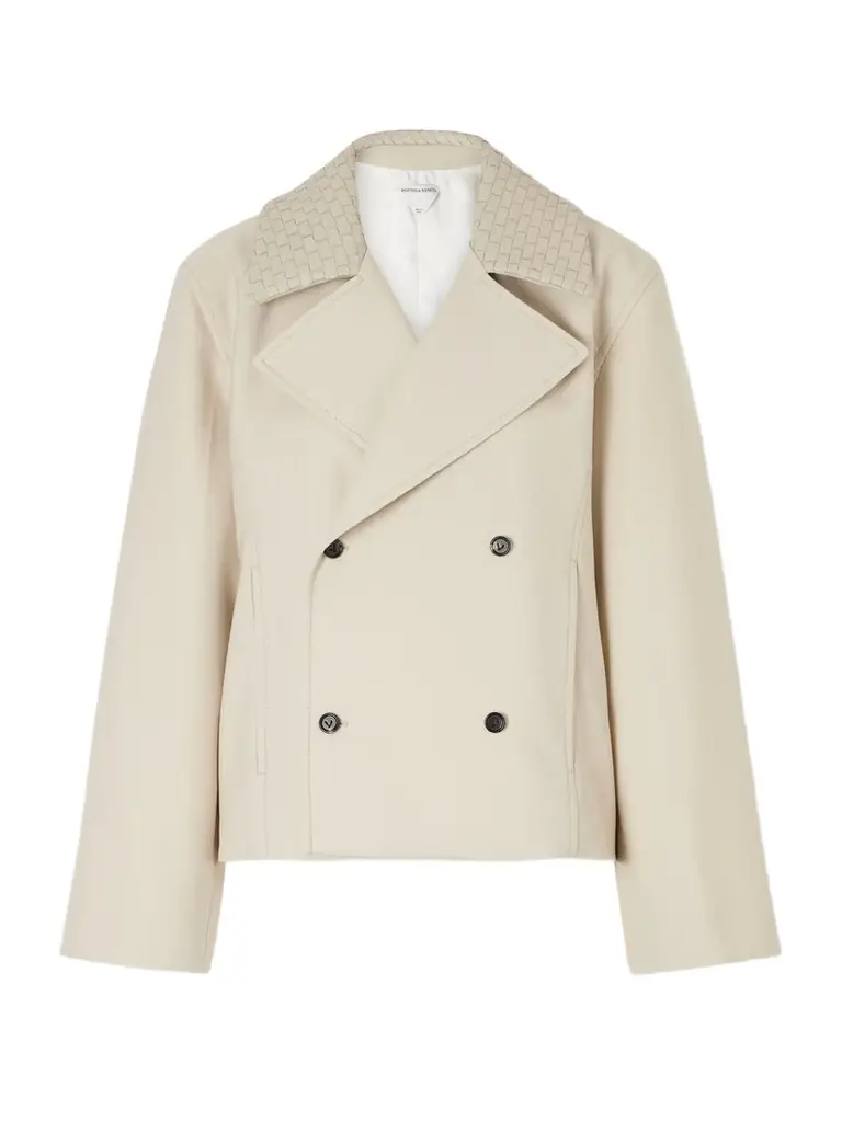 Bottega Veneta Double-breasted Intrecciato Leather-trimmed Striped Wool And Cotton-blend Jacket | Image 1 Bottega Veneta Double-breasted Intrecciato Leather-trimmed Striped Wool And Cotton-blend Jacket | Image 1