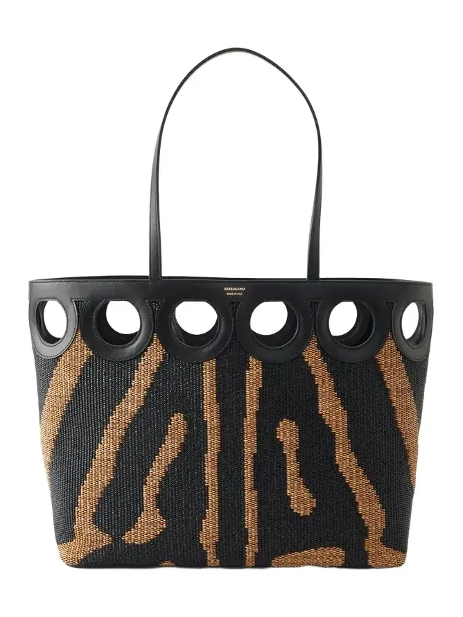 Leather-trimmed Raffia Tote