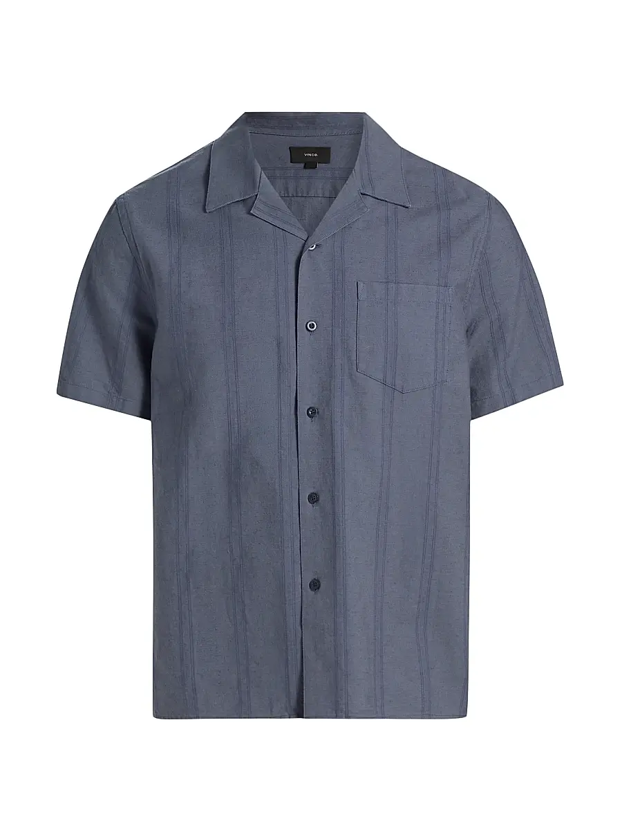Vince Men's Cove Striped Cotton-Hemp Camp Shirt - Neue Blue - Size XXL | Image 1 Vince Men's Cove Striped Cotton-Hemp Camp Shirt - Neue Blue - Size XXL | Image 1