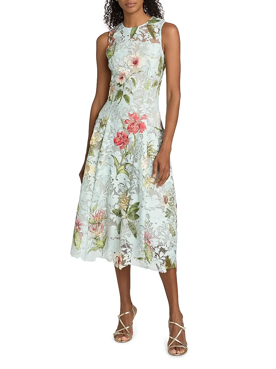 Oscar de la Renta Women's Floral-Print Lace Midi-Dress | Thumbnail 2 Oscar de la Renta Women's Floral-Print Lace Midi-Dress | Thumbnail 2