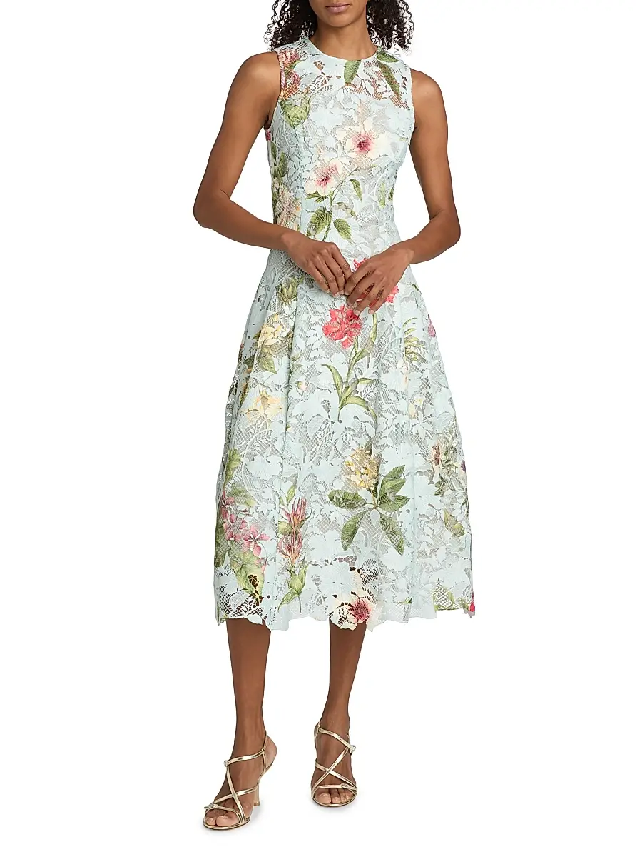 Oscar de la Renta Women's Floral-Print Lace Midi-Dress | Thumbnail 3 Oscar de la Renta Women's Floral-Print Lace Midi-Dress | Thumbnail 3