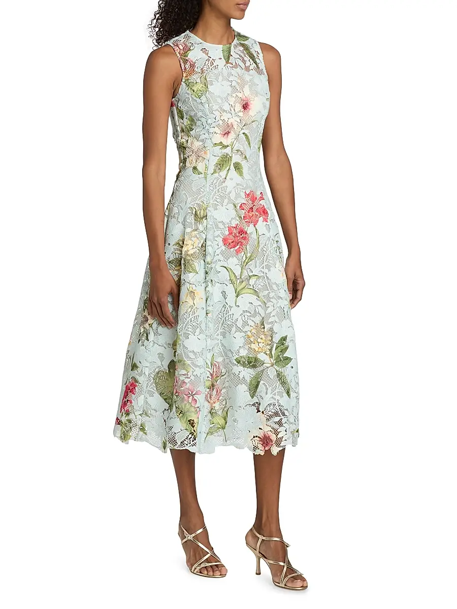 Oscar de la Renta Women's Floral-Print Lace Midi-Dress | Thumbnail 4 Oscar de la Renta Women's Floral-Print Lace Midi-Dress | Thumbnail 4