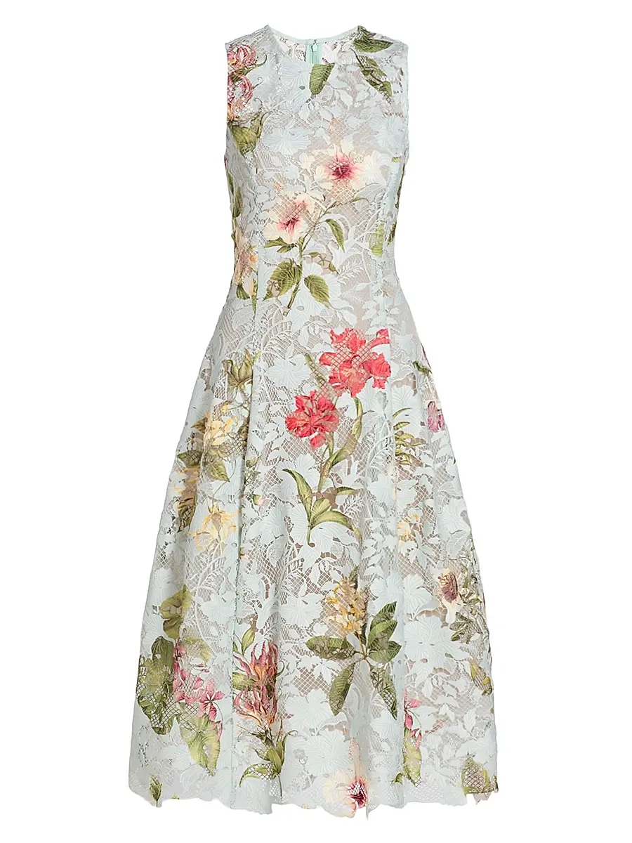 Oscar de la Renta Women's Floral-Print Lace Midi-Dress - Salt Water Multi | Image 1 Oscar de la Renta Women's Floral-Print Lace Midi-Dress - Salt Water Multi | Image 1