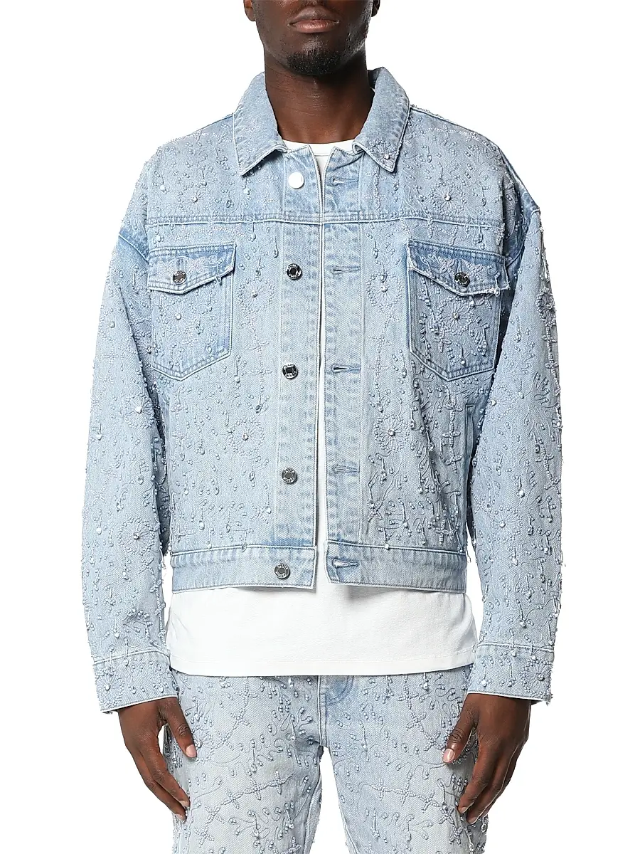 Purple Brand Men's Beaded Denim Trucker Jacket - Super Light Indigo - Size XXL | Image 1 Purple Brand Men's Beaded Denim Trucker Jacket - Super Light Indigo - Size XXL | Image 1