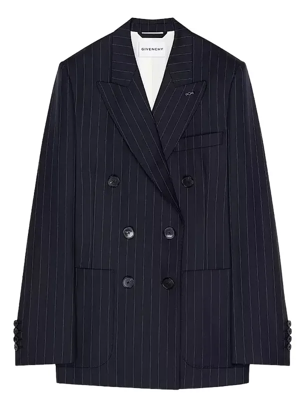Women's Double-Breasted Striped Jacket in Wool - Dark Navy Women's Double-Breasted Striped Jacket in Wool - Dark Navy