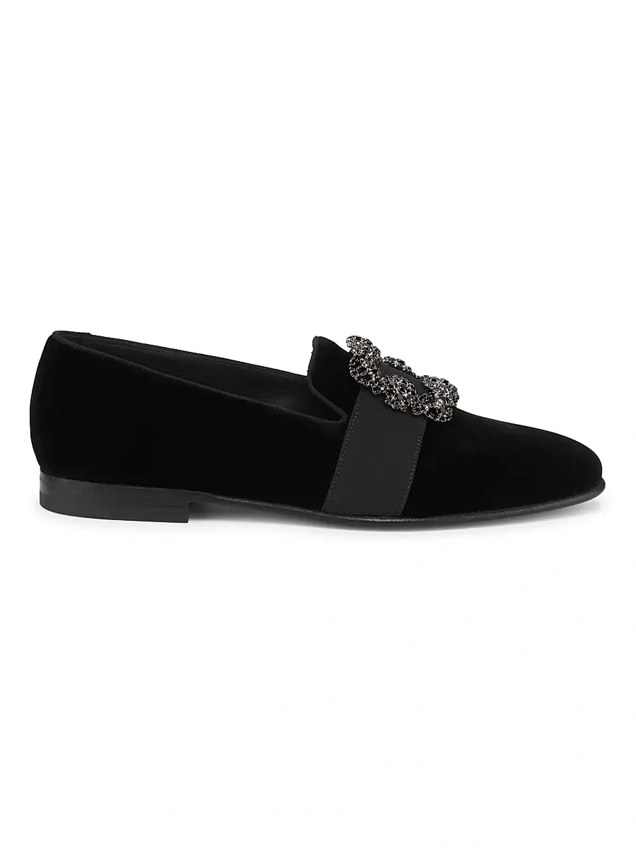 Manolo Blahnik Men's Carlton Crystal-Buckle Loafers - Black Silver Velvet - Size 7.5 | Image 1 Manolo Blahnik Men's Carlton Crystal-Buckle Loafers - Black Silver Velvet - Size 7.5 | Image 1