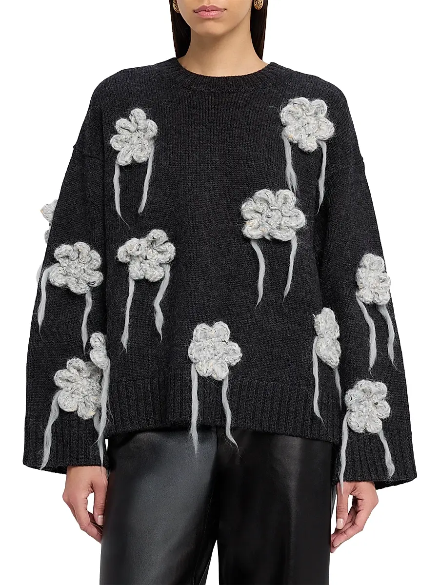 Ganni Women's Floral Crochet Crewneck Sweater | Thumbnail 3 Ganni Women's Floral Crochet Crewneck Sweater | Thumbnail 3