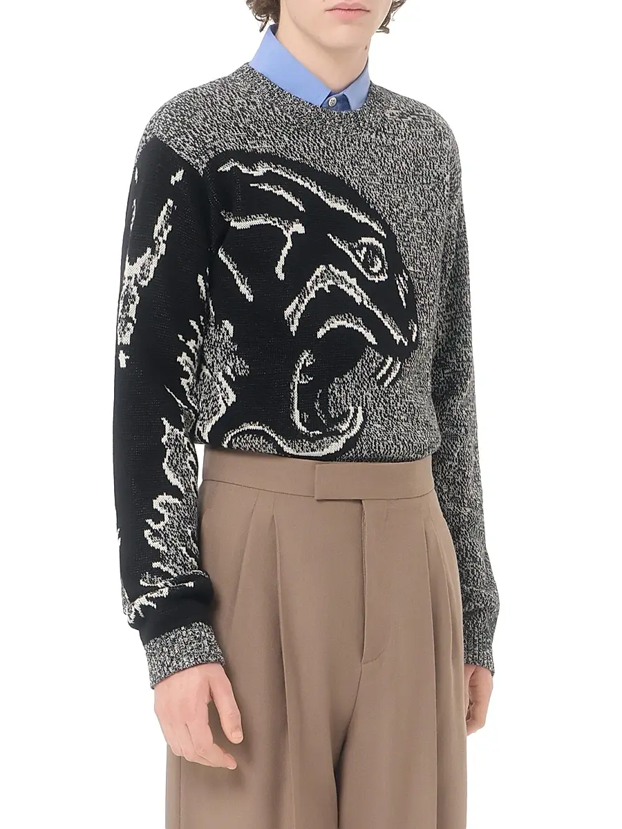 Valentino Men's Cotton and Mouliné Wool Sweater with Panther Jacquard - Ivory Black | Thumbnail 2 Valentino Men's Cotton and Mouliné Wool Sweater with Panther Jacquard - Ivory Black | Thumbnail 2