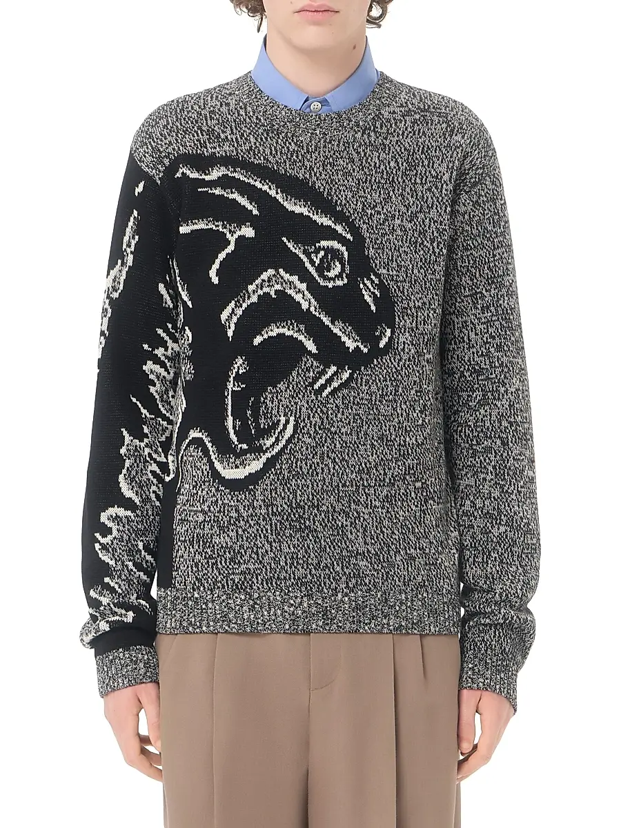 Valentino Men's Cotton and Mouliné Wool Sweater with Panther Jacquard - Ivory Black | Thumbnail 3 Valentino Men's Cotton and Mouliné Wool Sweater with Panther Jacquard - Ivory Black | Thumbnail 3