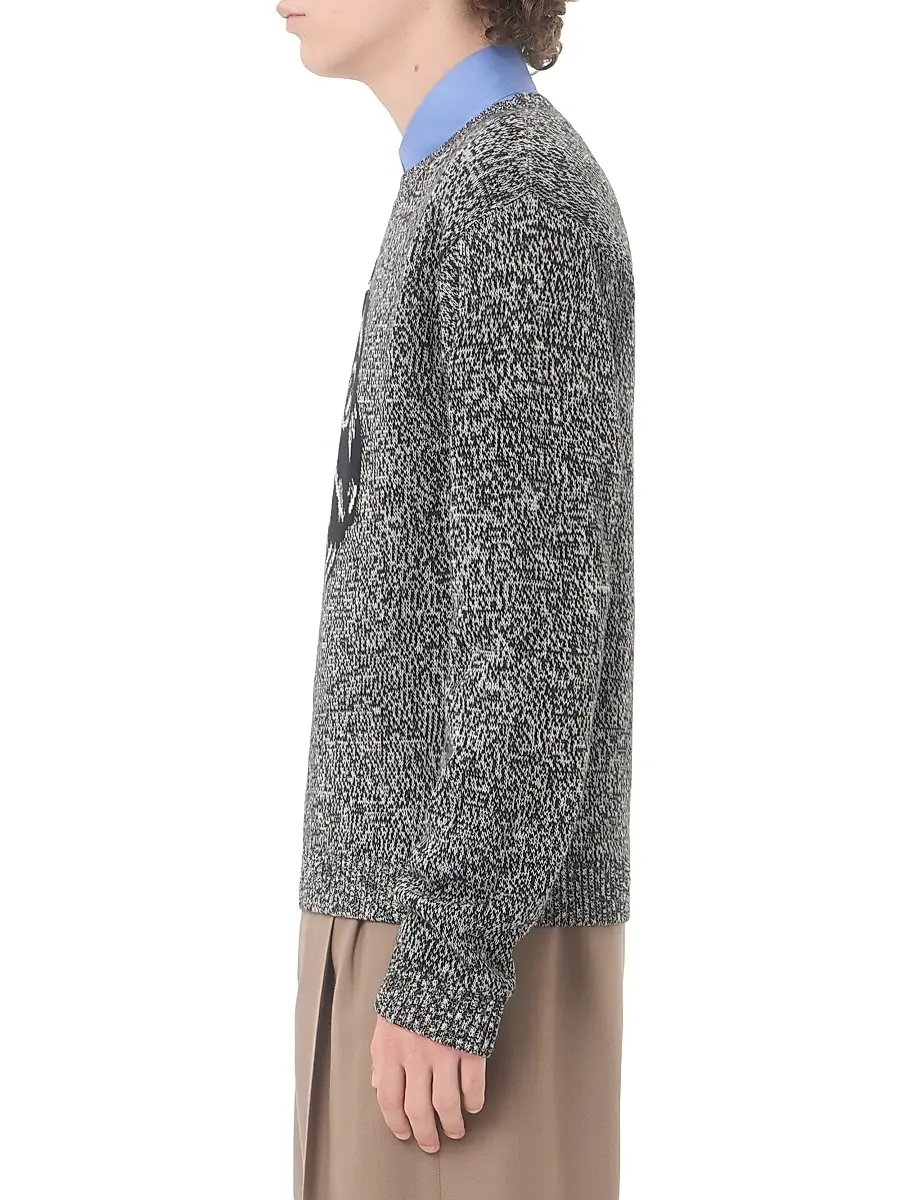 Valentino Men's Cotton and Mouliné Wool Sweater with Panther Jacquard - Ivory Black | Thumbnail 4 Valentino Men's Cotton and Mouliné Wool Sweater with Panther Jacquard - Ivory Black | Thumbnail 4