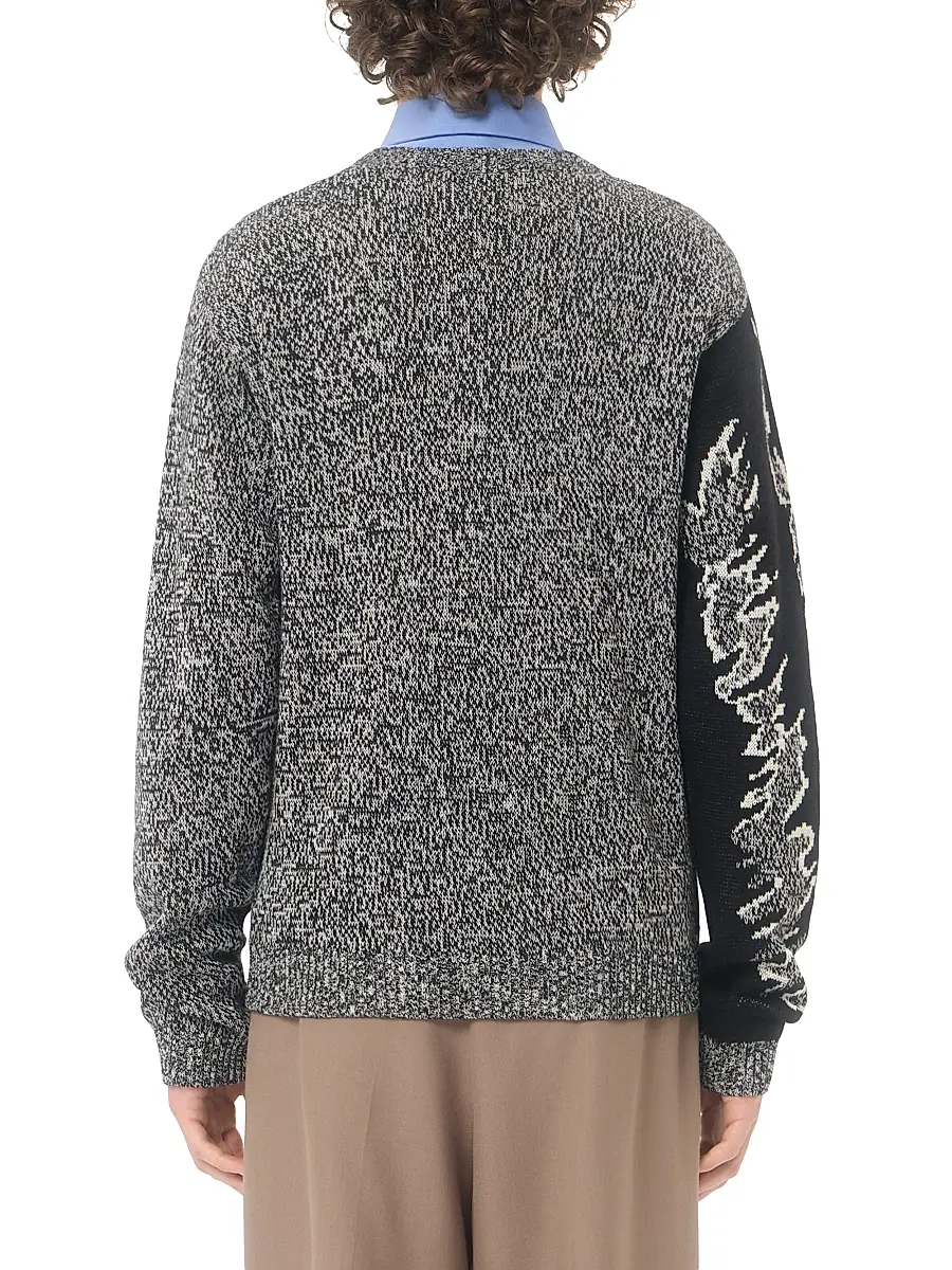 Valentino Men's Cotton and Mouliné Wool Sweater with Panther Jacquard - Ivory Black | Thumbnail 5 Valentino Men's Cotton and Mouliné Wool Sweater with Panther Jacquard - Ivory Black | Thumbnail 5
