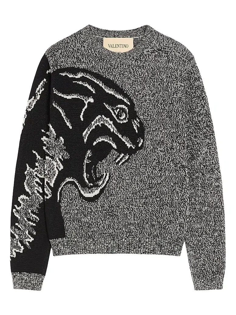 Valentino Men's Cotton and Mouliné Wool Sweater with Panther Jacquard - Ivory Black