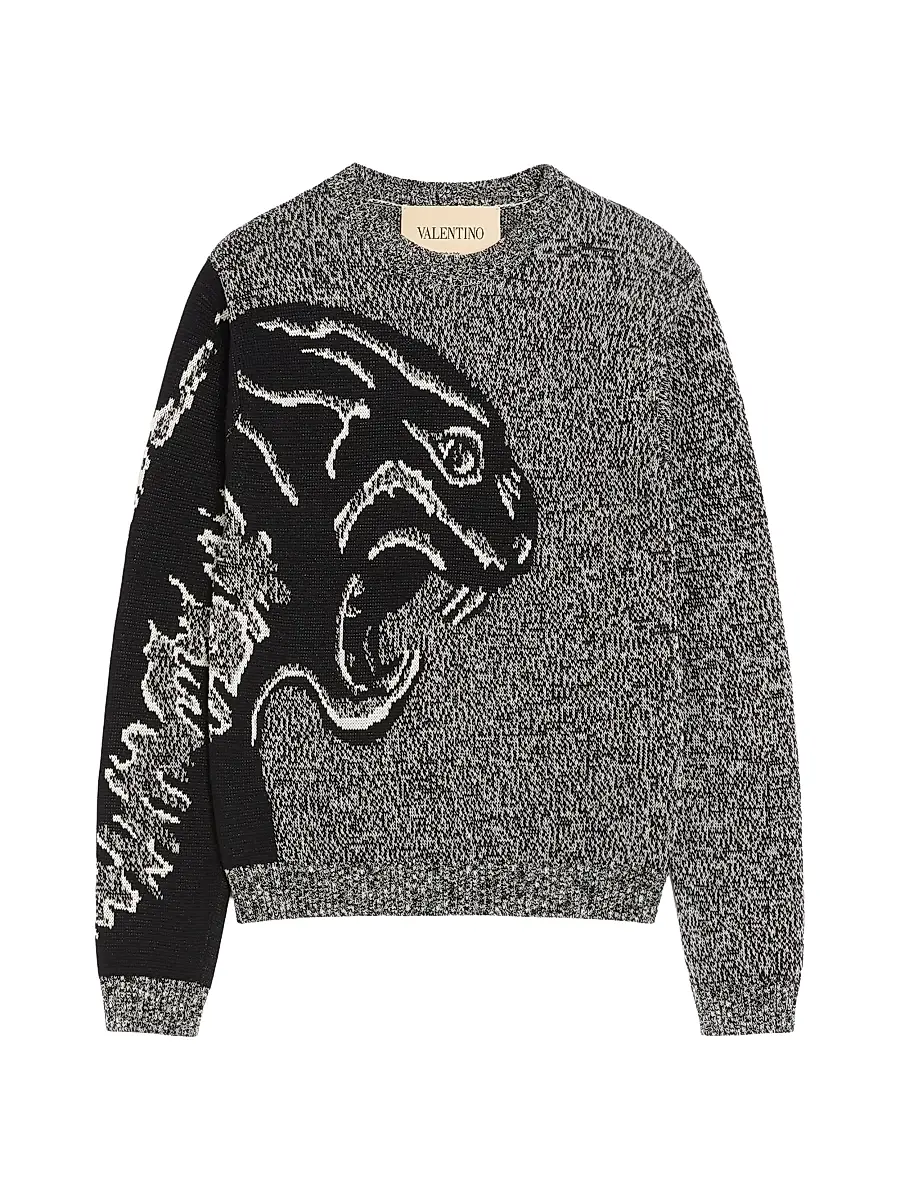 Valentino Garavani Men's Cotton and Mouliné Wool Sweater with Panther Jacquard | Image 1 Valentino Garavani Men's Cotton and Mouliné Wool Sweater with Panther Jacquard | Image 1