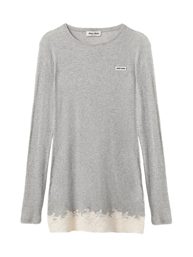 Miu Miu Women's Ribbed Jersey and Lace Dress - Grey