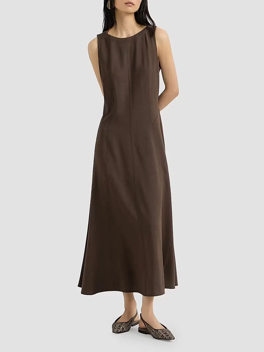 Brunello Cucinelli Women's Virgin Wool Fluid Twill Flared Dress | Thumbnail 2 Brunello Cucinelli Women's Virgin Wool Fluid Twill Flared Dress | Thumbnail 2