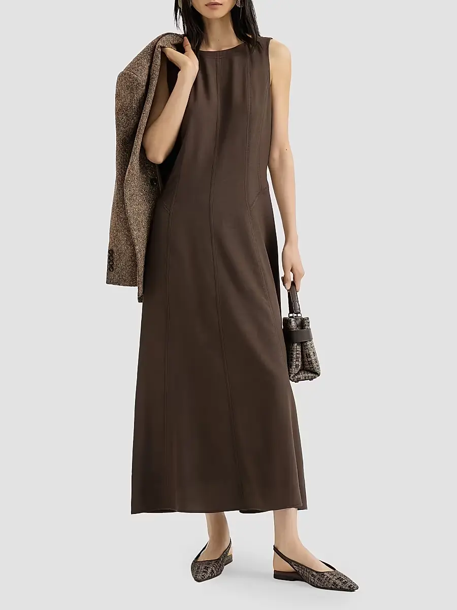 Brunello Cucinelli Women's Virgin Wool Fluid Twill Flared Dress | Thumbnail 6 Brunello Cucinelli Women's Virgin Wool Fluid Twill Flared Dress | Thumbnail 6