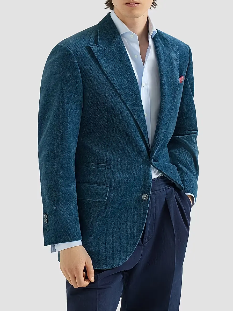 Brunello Cucinelli Men's Denim-Effect Cotton Velvet Tailor Blazer with Peak Lapels - Denim | Thumbnail 2 Brunello Cucinelli Men's Denim-Effect Cotton Velvet Tailor Blazer with Peak Lapels - Denim | Thumbnail 2