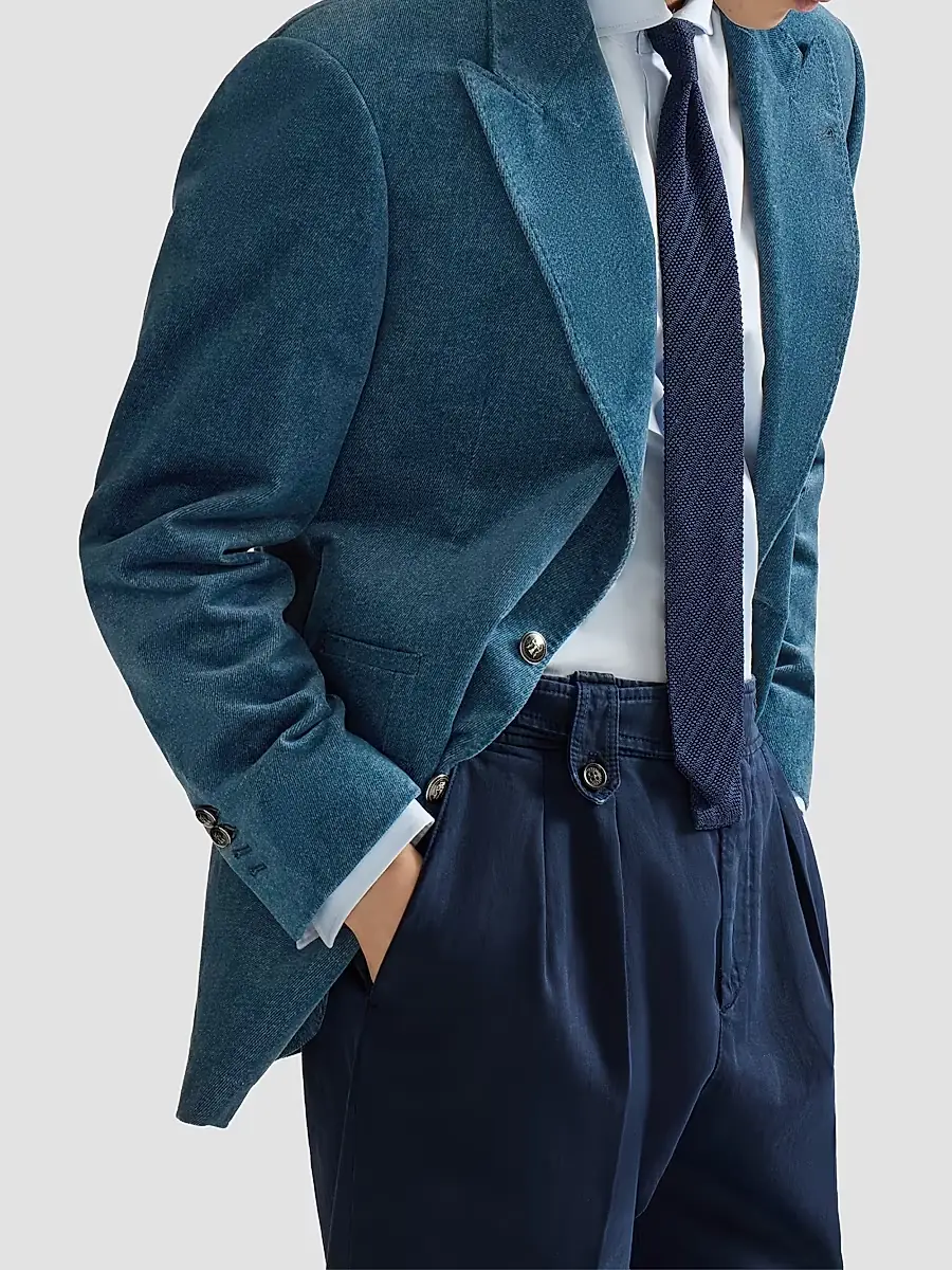 Brunello Cucinelli Men's Denim-Effect Cotton Velvet Tailor Blazer with Peak Lapels - Denim | Thumbnail 4 Brunello Cucinelli Men's Denim-Effect Cotton Velvet Tailor Blazer with Peak Lapels - Denim | Thumbnail 4