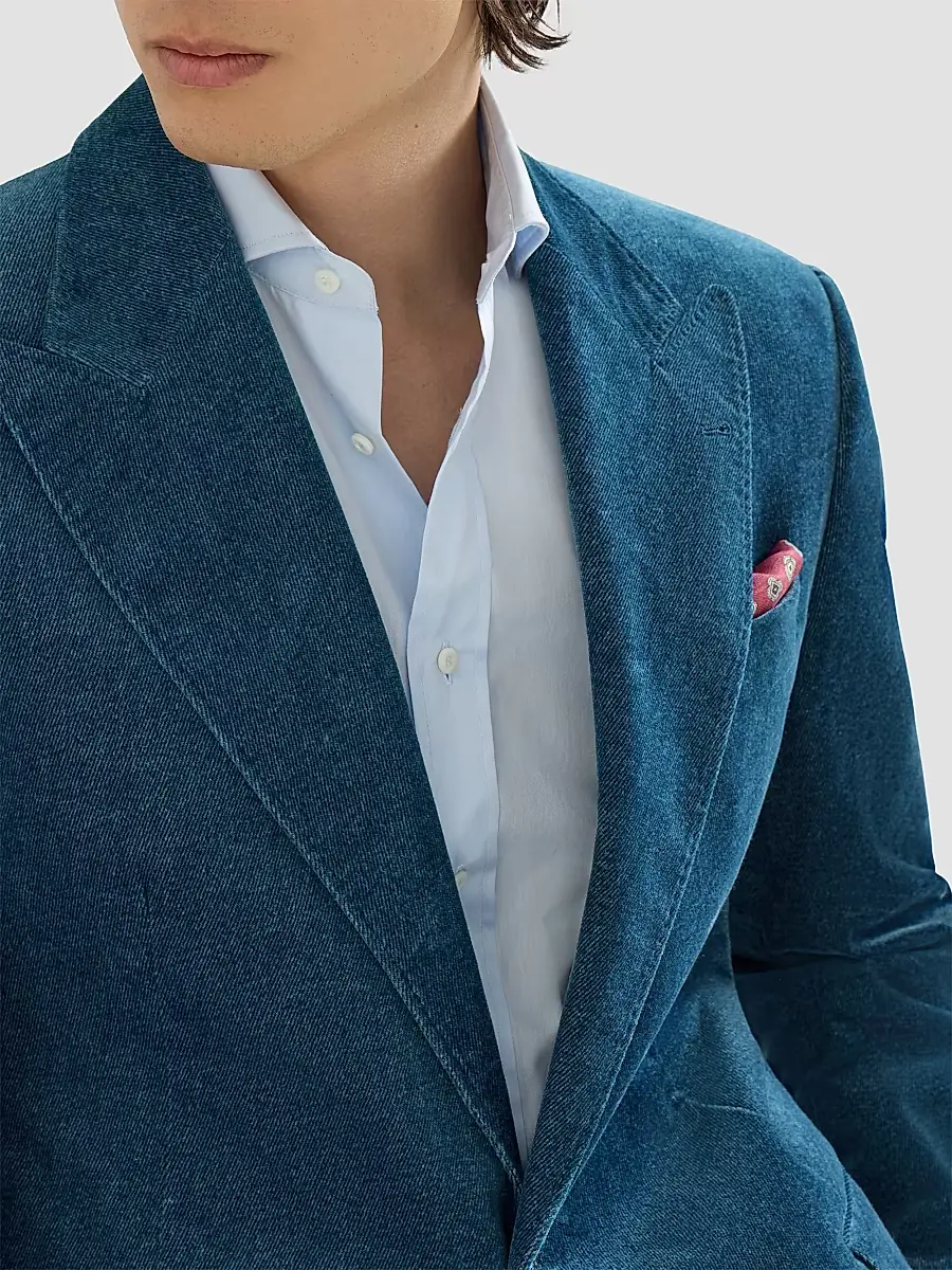 Brunello Cucinelli Men's Denim-Effect Cotton Velvet Tailor Blazer with Peak Lapels - Denim | Thumbnail 5 Brunello Cucinelli Men's Denim-Effect Cotton Velvet Tailor Blazer with Peak Lapels - Denim | Thumbnail 5