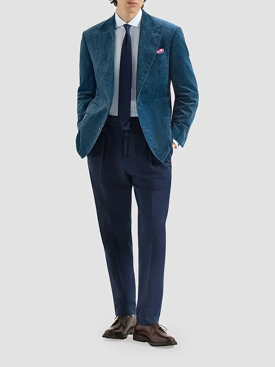 Brunello Cucinelli Men's Denim-Effect Cotton Velvet Tailor Blazer with Peak Lapels - Denim | Thumbnail 6 Brunello Cucinelli Men's Denim-Effect Cotton Velvet Tailor Blazer with Peak Lapels - Denim | Thumbnail 6