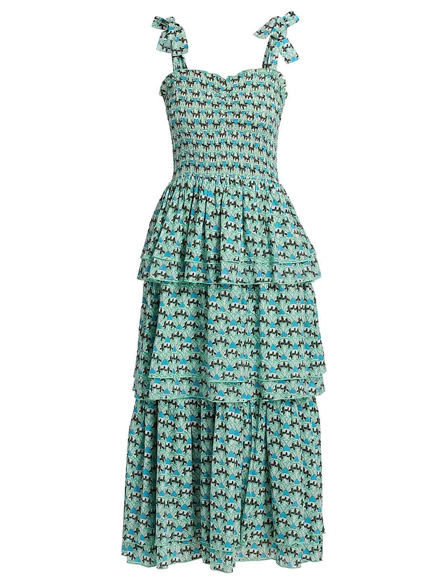 Ro's Garden Women's Spencer Printed Cotton Smocked Tiered Dress - Blue Zen - Size XL | Image 1 Ro's Garden Women's Spencer Printed Cotton Smocked Tiered Dress - Blue Zen - Size XL | Image 1