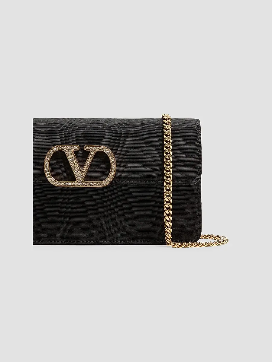 Valentino Women's VLogo Signature Chain Wallet in Moiré Fabric - Black | Thumbnail 6