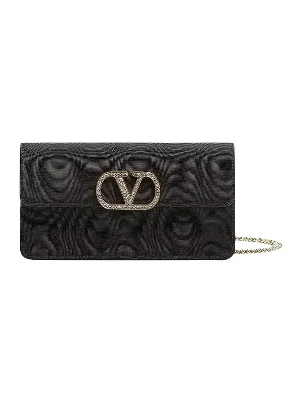 Women's VLogo Signature Chain Wallet in Moiré Fabric - Black