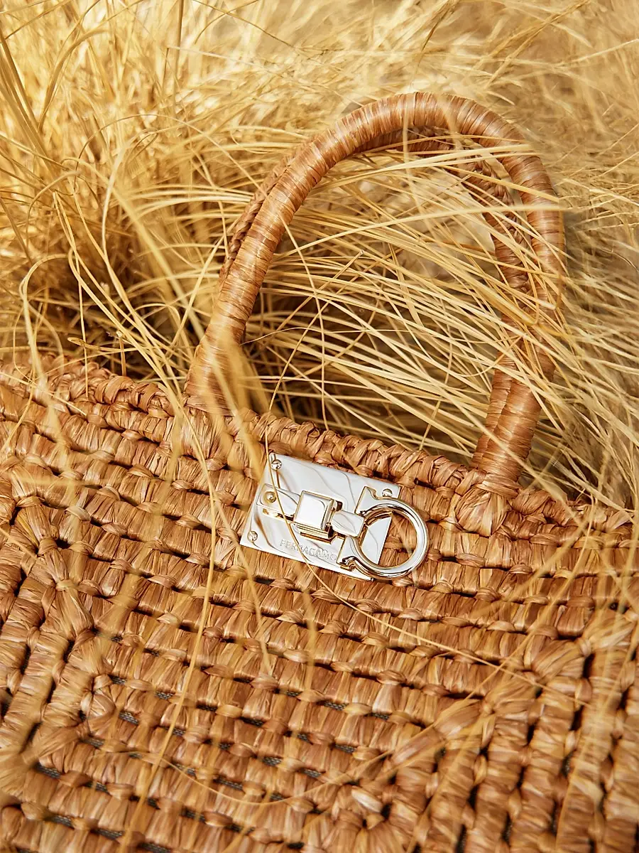 Ferragamo Women's Studio Box Open-Weave Raffia Top-Handle Bag | Thumbnail 6 Ferragamo Women's Studio Box Open-Weave Raffia Top-Handle Bag | Thumbnail 6