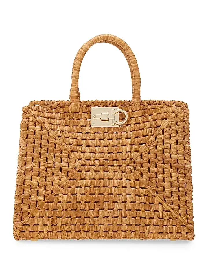 Women's Studio Box Open-Weave Raffia Top-Handle Bag