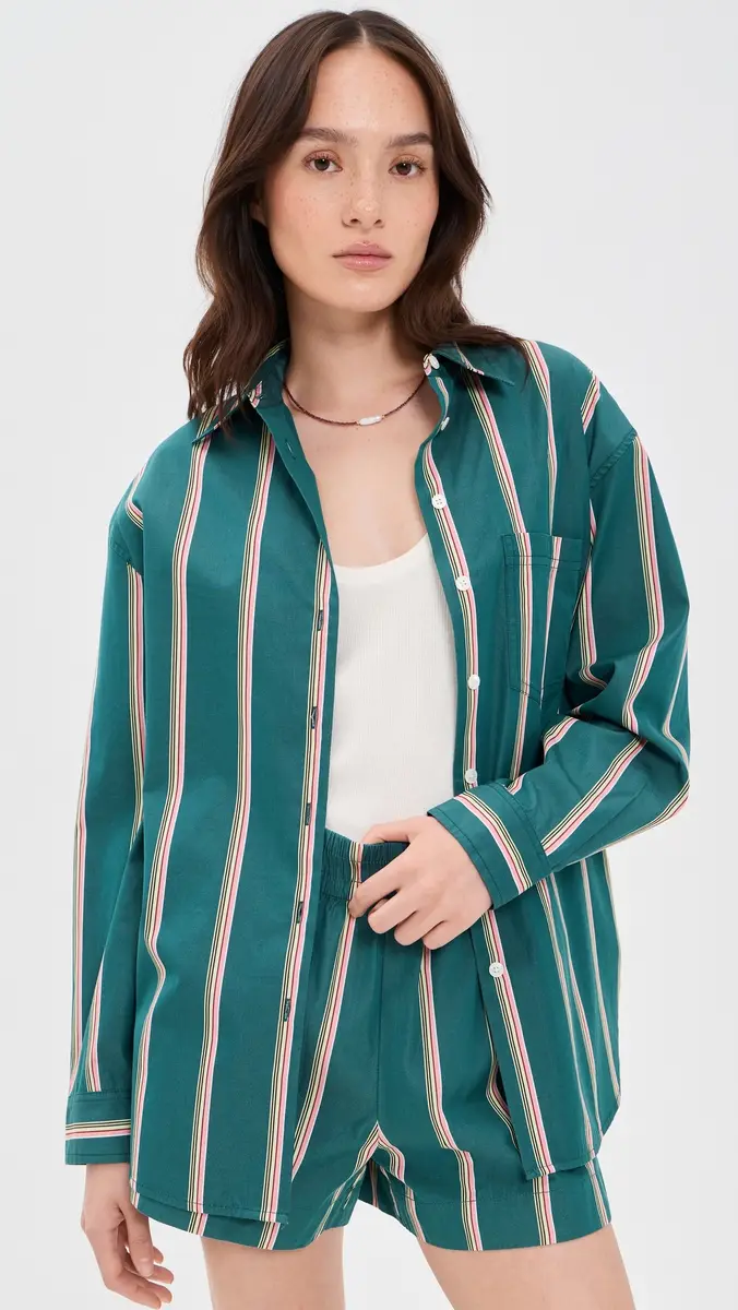 Madewell x Shopbop Easy Shirt In Mid-Weight Poplin Retro Stripe Deep Lagoon | Thumbnail 2