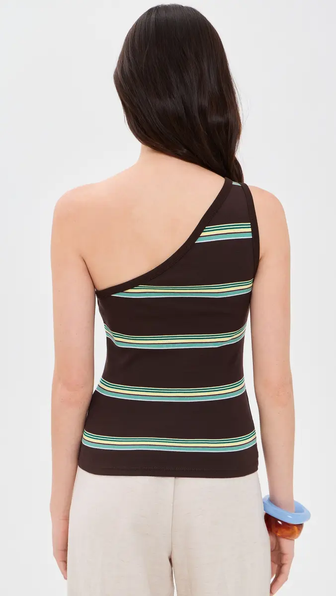 Madewell x Shopbop The '90s One-Shoulder Tank in Compact Cotton Retro Dark Brown Yellow Stripe | Thumbnail 3 Madewell x Shopbop The '90s One-Shoulder Tank in Compact Cotton Retro Dark Brown Yellow Stripe | Thumbnail 3