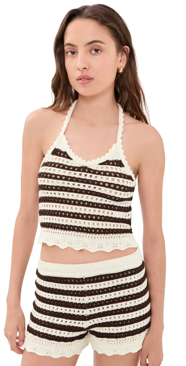 Madewell x Shopbop Pointelle-Knit Halter Top Brown And Stripe | Image 1 Madewell x Shopbop Pointelle-Knit Halter Top Brown And Stripe | Image 1