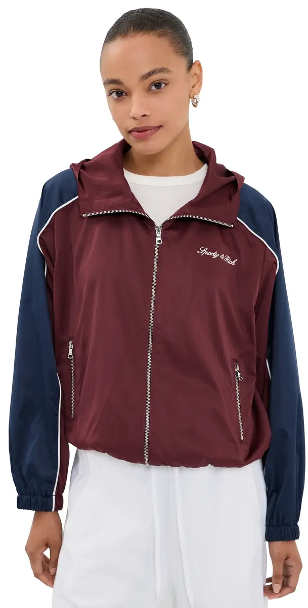 Sporty & Rich Signature Logo Gym Jacket Bordeaux/White/Dark Navy | Image 1 Sporty & Rich Signature Logo Gym Jacket Bordeaux/White/Dark Navy | Image 1