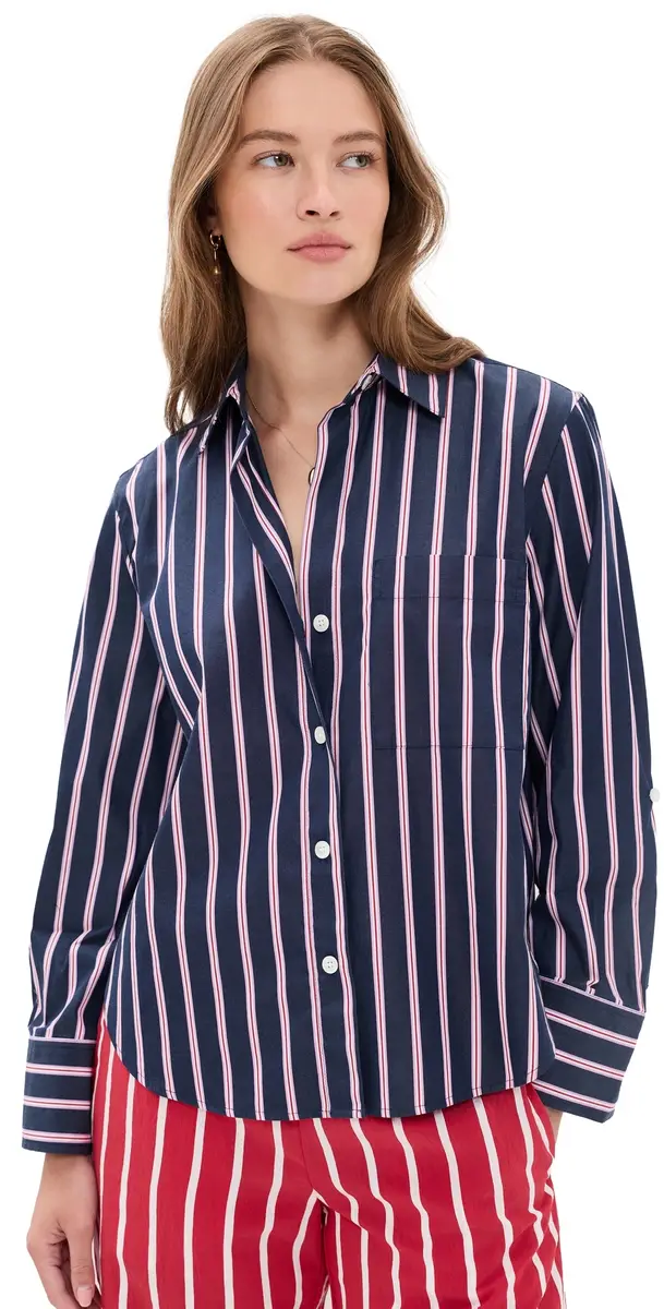 Madewell The ignature Y-Neck Shirt in Poplin Multi tripe/Classic Indigo | Image 1 Madewell The ignature Y-Neck Shirt in Poplin Multi tripe/Classic Indigo | Image 1