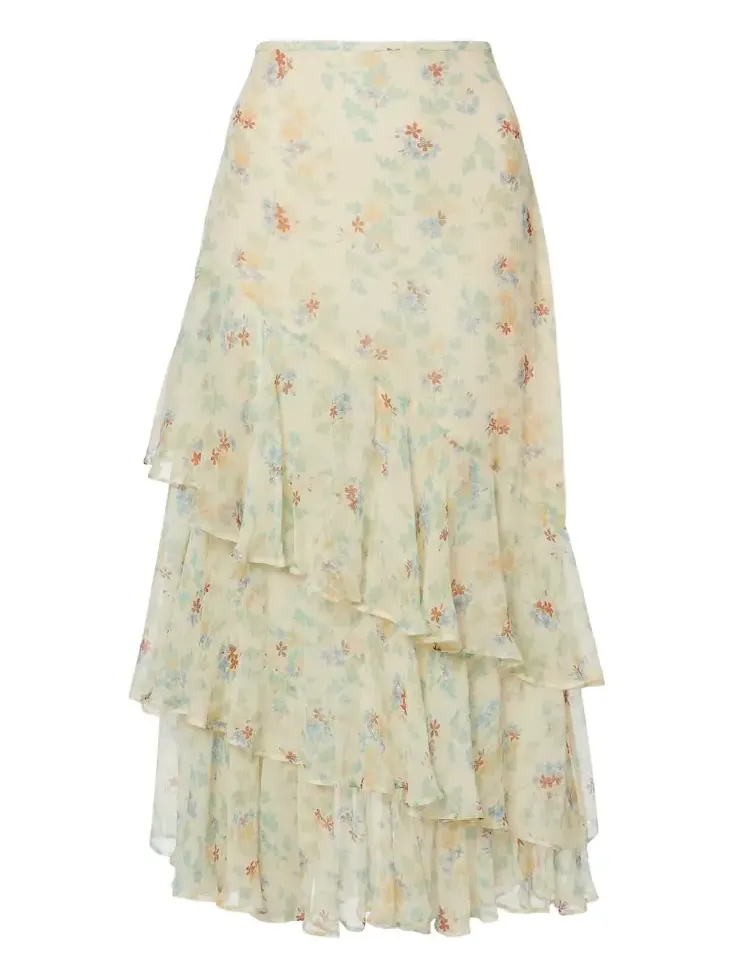 Meadow floral silk chiffon midi skirt