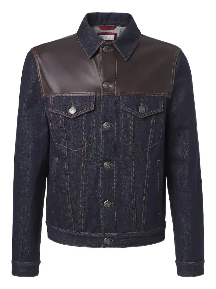 Brunello Cucinelli Leather-trimmed denim jacket