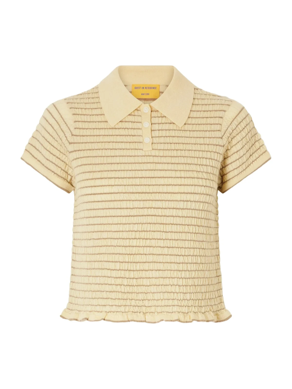 Smocked Ruffled Striped Cashmere-blend Polo Sweater