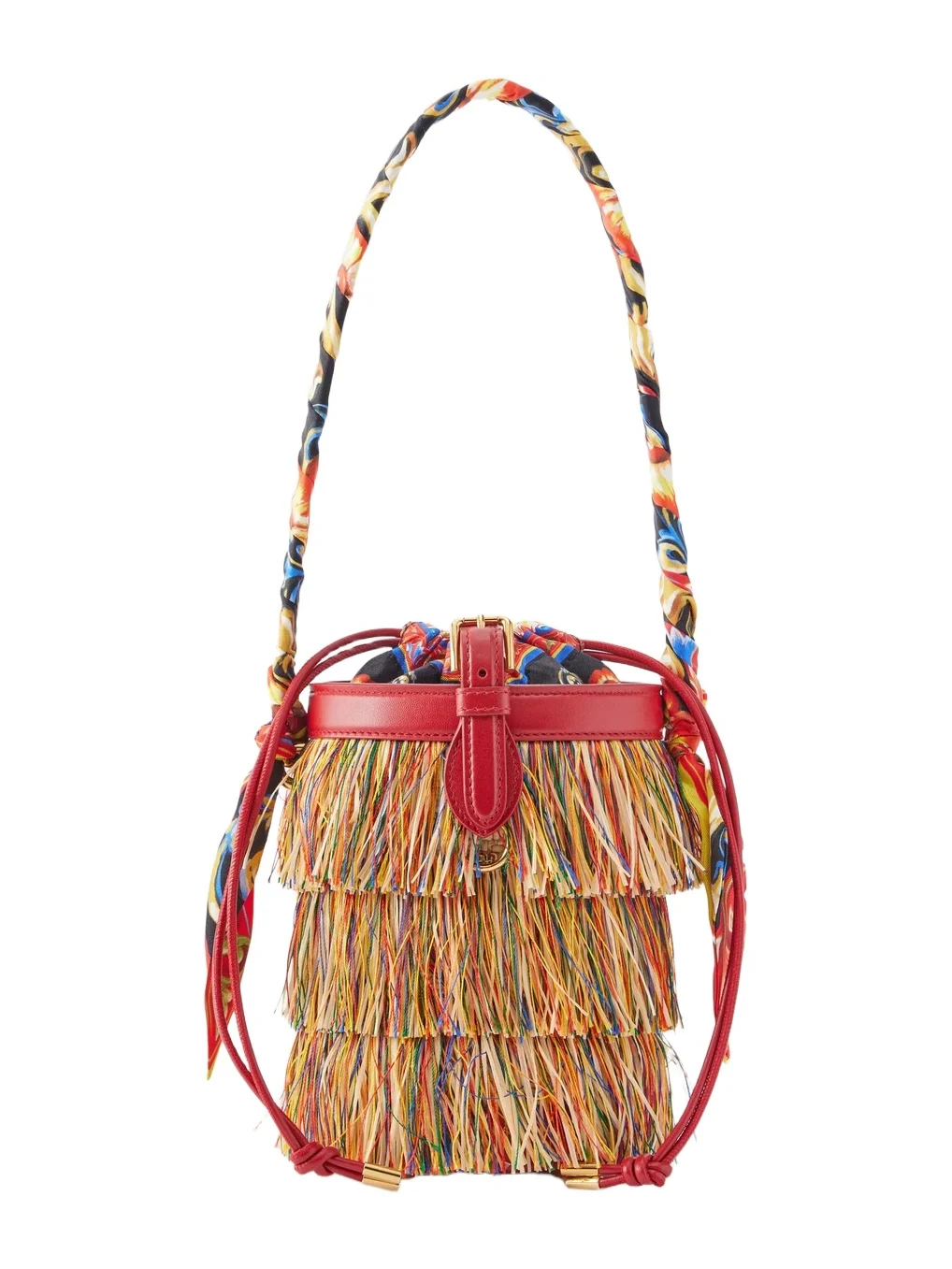 Capri Fringed Leather And Twill-trimmed Raffia Bucket Bag Capri Fringed Leather And Twill-trimmed Raffia Bucket Bag