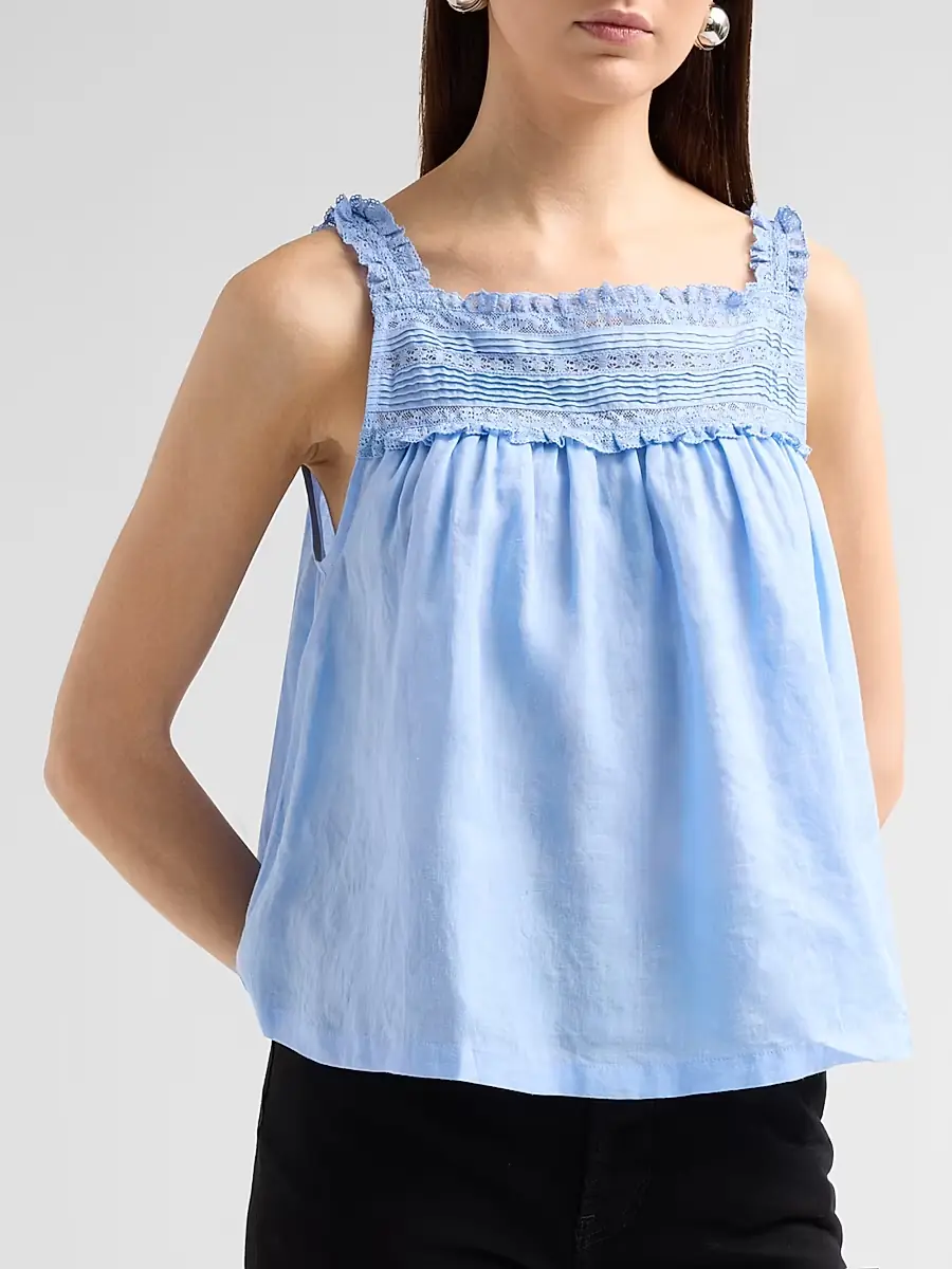 DÔEN Women's Benita Pintuck & Lace Top - Bluejay | Thumbnail 4