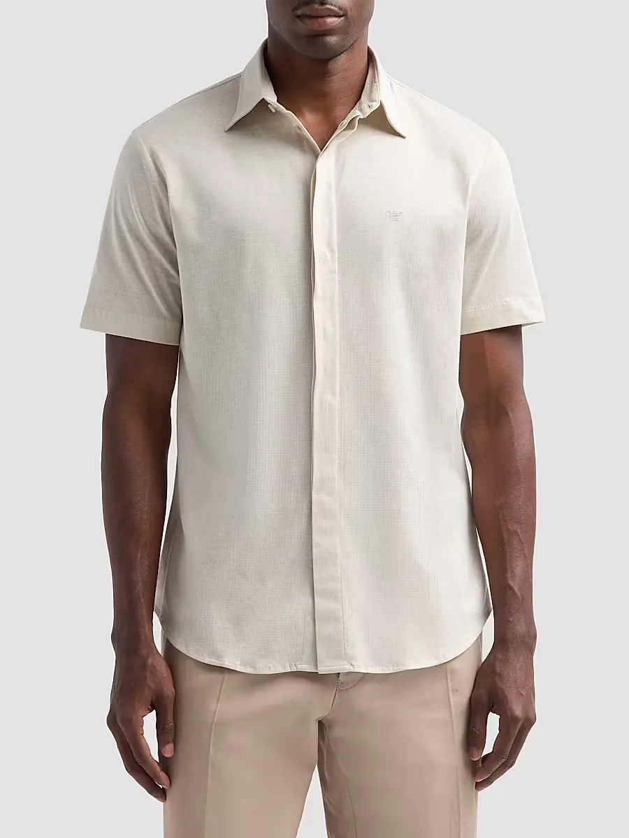 Emporio Armani Men's Tonal Textured Cotton Short-Sleeve Shirt | Thumbnail 4 Emporio Armani Men's Tonal Textured Cotton Short-Sleeve Shirt | Thumbnail 4