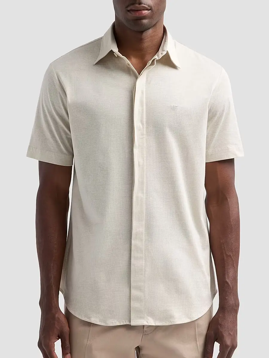 Emporio Armani Men's Tonal Textured Cotton Short-Sleeve Shirt | Thumbnail 5 Emporio Armani Men's Tonal Textured Cotton Short-Sleeve Shirt | Thumbnail 5
