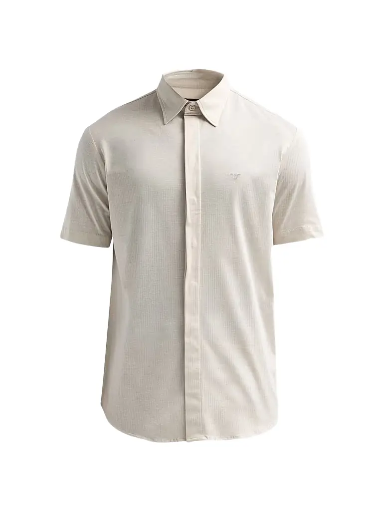 Emporio Armani Men's Tonal Textured Cotton Short-Sleeve Shirt - Sand | Image 1 Emporio Armani Men's Tonal Textured Cotton Short-Sleeve Shirt - Sand | Image 1