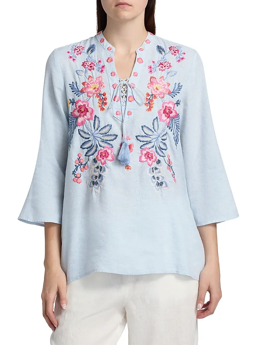 Johnny Was Women's Lirielle Embroidered Tie-Front Blouse | Thumbnail 3 Johnny Was Women's Lirielle Embroidered Tie-Front Blouse | Thumbnail 3