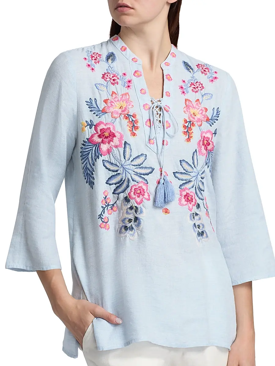 Johnny Was Women's Lirielle Embroidered Tie-Front Blouse | Thumbnail 6 Johnny Was Women's Lirielle Embroidered Tie-Front Blouse | Thumbnail 6
