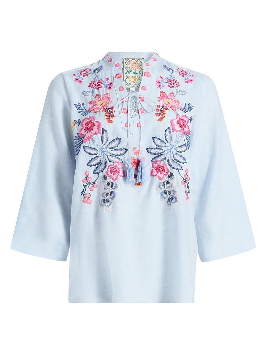 Johnny Was Women's Lirielle Embroidered Tie-Front Blouse - Blue Slub Linen | Image 1 Johnny Was Women's Lirielle Embroidered Tie-Front Blouse - Blue Slub Linen | Image 1