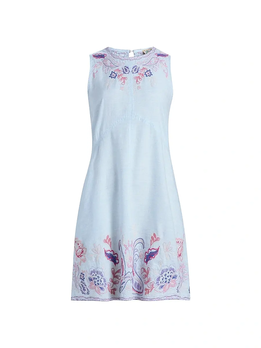 Johnny Was Women's Chevron Cleolia Embroidered Paisley Linen-Blend Minidress - Blue Slub Linen | Image 1 Johnny Was Women's Chevron Cleolia Embroidered Paisley Linen-Blend Minidress - Blue Slub Linen | Image 1