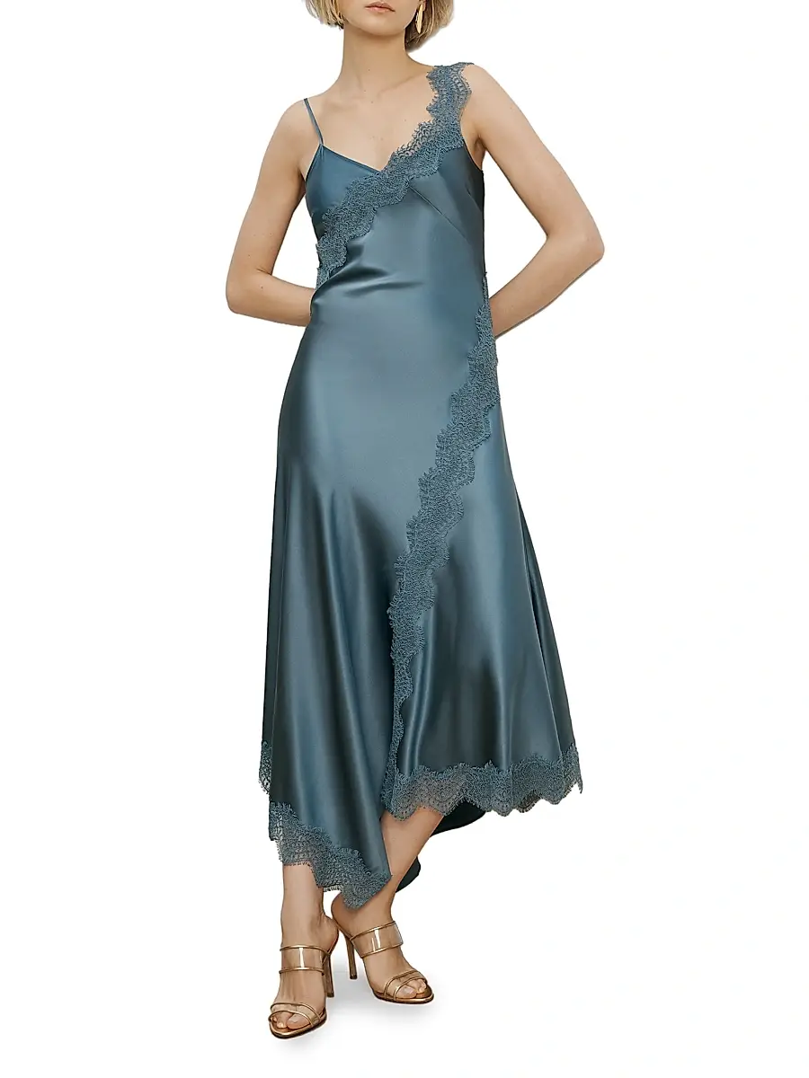 Veronica Beard Women's Vernon Asymmetric Lace-Trim Midi-Slipdress | Thumbnail 2