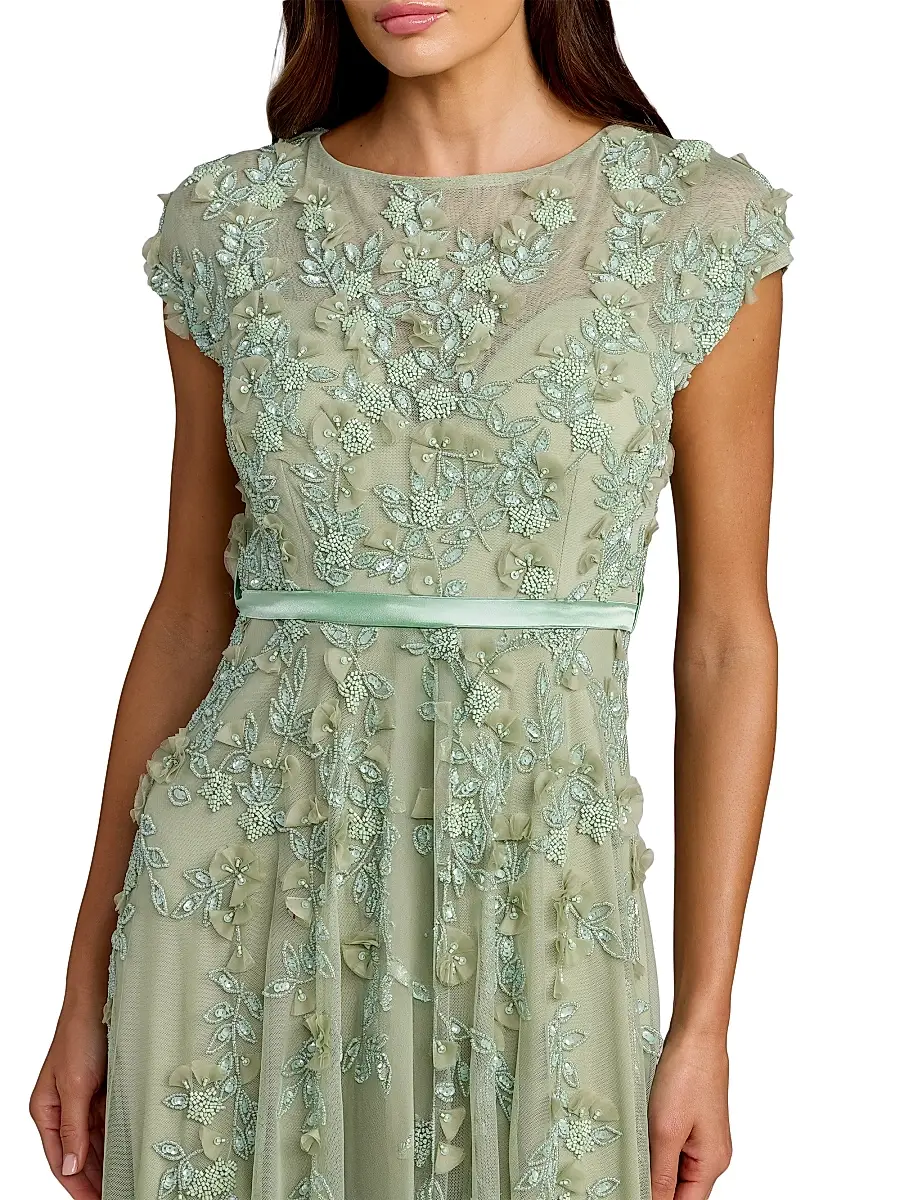 Mac Duggal Women's Petite Floral-Embroidered Mesh Midi-Dress | Thumbnail 3 Mac Duggal Women's Petite Floral-Embroidered Mesh Midi-Dress | Thumbnail 3
