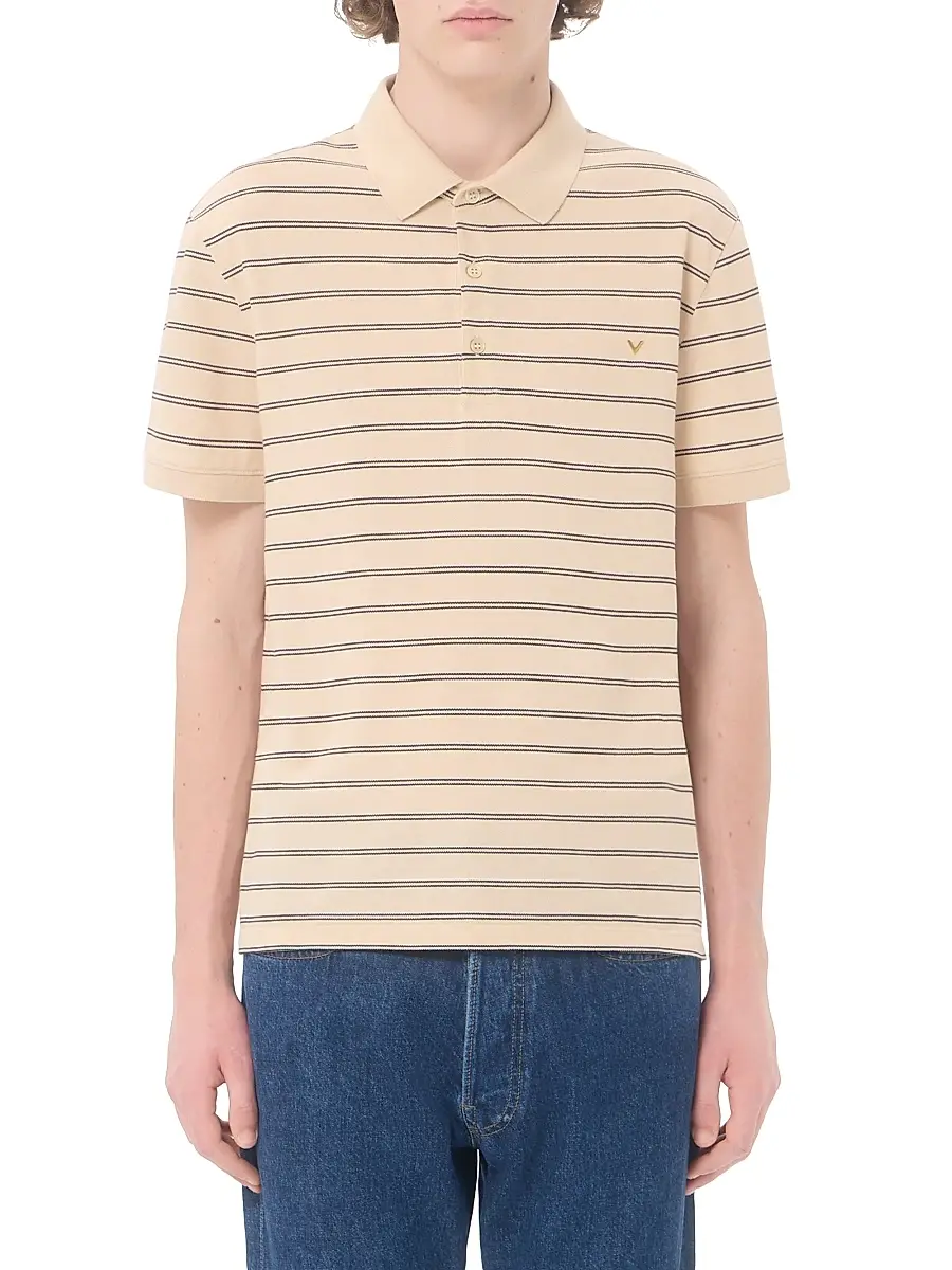 Valentino Men's Cotton Piqué Polo Shirt with VGold Stripes - Beige Navy | Thumbnail 3